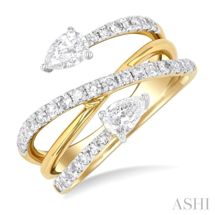 1 Ctw East West Pear and Round Cut Diamond Split Open-End Fashion Ring in 14K Yellow Gold