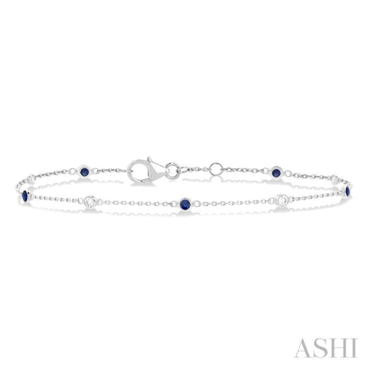 1.8 MM Sapphire and 1/10 Ctw Bezel Set Round Cut Diamond Precious Gemstone Station Bracelet in 14K White Gold