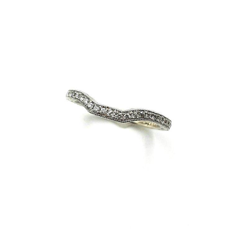 APPRAISED $1150 - 14kt White Gold Curved Milgrain Carved Band with 26 Diamonds 