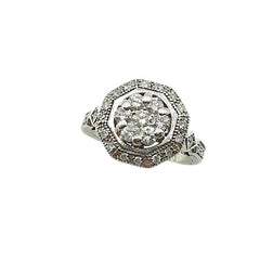 APPRAISED $1625 - "EFFY Designer" 14kt White Gold Band with 7 Round Brilliant Diamonds - T -0.46ct in a Cluster Top Surrounded by 32 Round Brilliant Diamonds - T - 0.32ct in an Octagon Halo & Sides of Ring