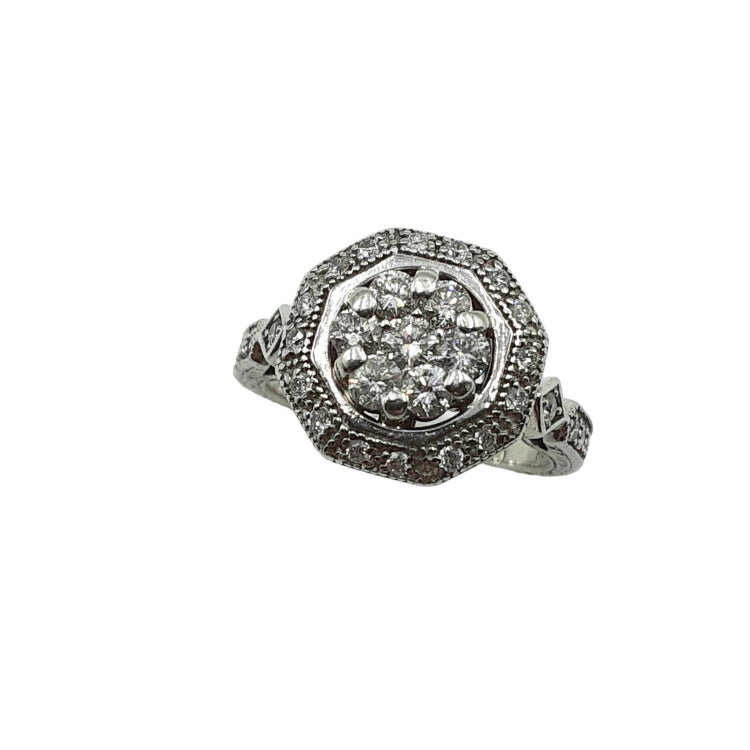 APPRAISED $1625 - "EFFY Designer" 14kt White Gold Band with 7 Round Brilliant Diamonds - T -0.46ct in a Cluster Top Surrounded by 32 Round Brilliant Diamonds - T - 0.32ct in an Octagon Halo & Sides of Ring 
