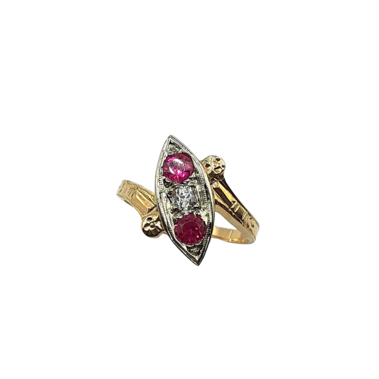 APPRAISED $475 - 14kt Yellow Gold Synthetic Ruby and Genuine Diamond Vintage Style Ring 