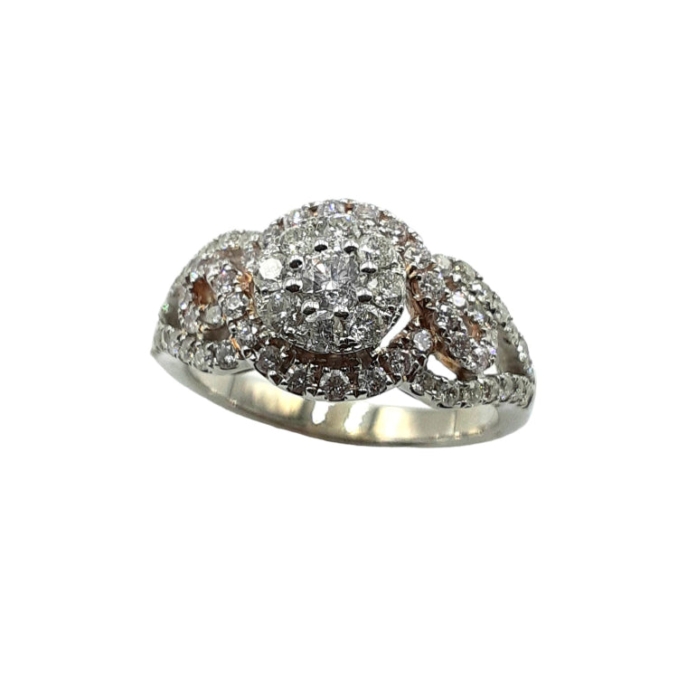 APPRAISED $1700 - 14kt White Rose Gold Band with 9 .39ct Round Brilliant Diamonds in a Halo Cluster and 56 .56ct Round Brilliant Diamonds in a Halo Swirl Design
