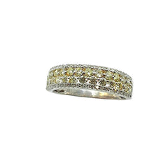 APPRAISED $2600 - 14kt White Gold Band with 27 Round Brilliant Yellow Diamonds in 2 Center Rows and 50 Single Cut White Diamonds in 2 Outside Rows