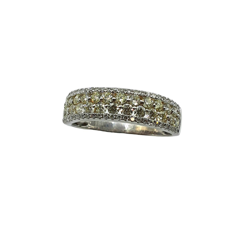 APPRAISED $2600 - 14kt White Gold Band with 27 Round Brilliant Yellow Diamonds in 2 Center Rows and 50 Single Cut White Diamonds in 2 Outside Rows 