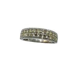 APPRAISED $2600 - 14kt White Gold Band with 27 Round Brilliant Yellow Diamonds in 2 Center Rows and 50 Single Cut White Diamonds in 2 Outside Rows 