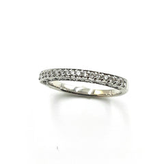 APPRAISED $1200 - 14kt White Gold Band with 17 Round Brilliant Diamonds - T - .15ct (End Diamond having Slight Chip) and Openwork Scroll Design on Side of Ring 
