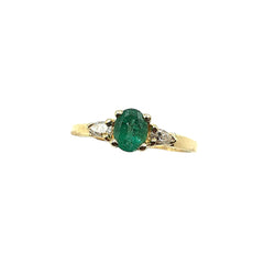 APPRAISED $1100 - 14kt Yellow Gold Band with 1 Oval Shaped Emerald (5.2x4.2mm) and 2 Pear Shaped Diamonds - T - .10ct 