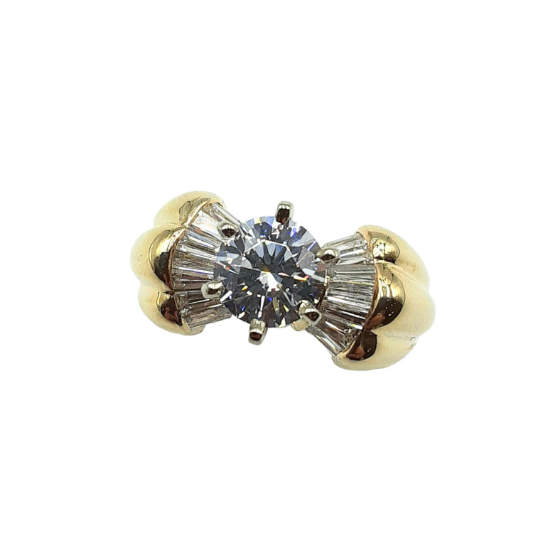 APPRAISED $2400 - 14kt Yellow Gold Band with 14 Baguette Diamonds - T. - .70ct (1 Chipped) and 1 Round Cubic Zirconia Center (7mm)