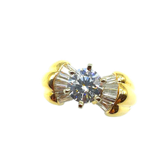 APPRAISED $2400 - 14KT Yellow Gold Band with 14 Baguette Diamonds - T. - .70ct (1 Chipped) and 1 Round Cubic Zirconia Center (7mm)