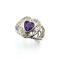 APPRAISED $75 - Sterling Silver Band with a Heart Shaped Amethyst Center (7mm) in a Filigree Design 