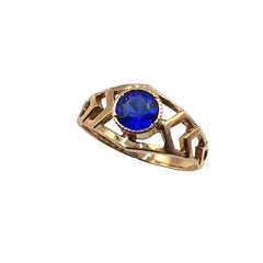 APPRAISED $225 - 10kt Yellow Gold Band with 1 Round Shaped Imitation Blue Gem (5.5mm) Bezel Set with an Openwork Design 