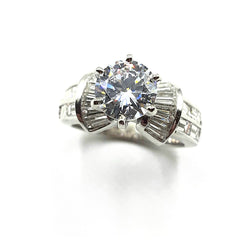 APPRAISED $5500 - 14kt White Gold Band with 1 Round Cubic Zirconia   Center (7.5mm) with 8 Straight and Tapered Baguette Diamonds - T. - 1.55ct 