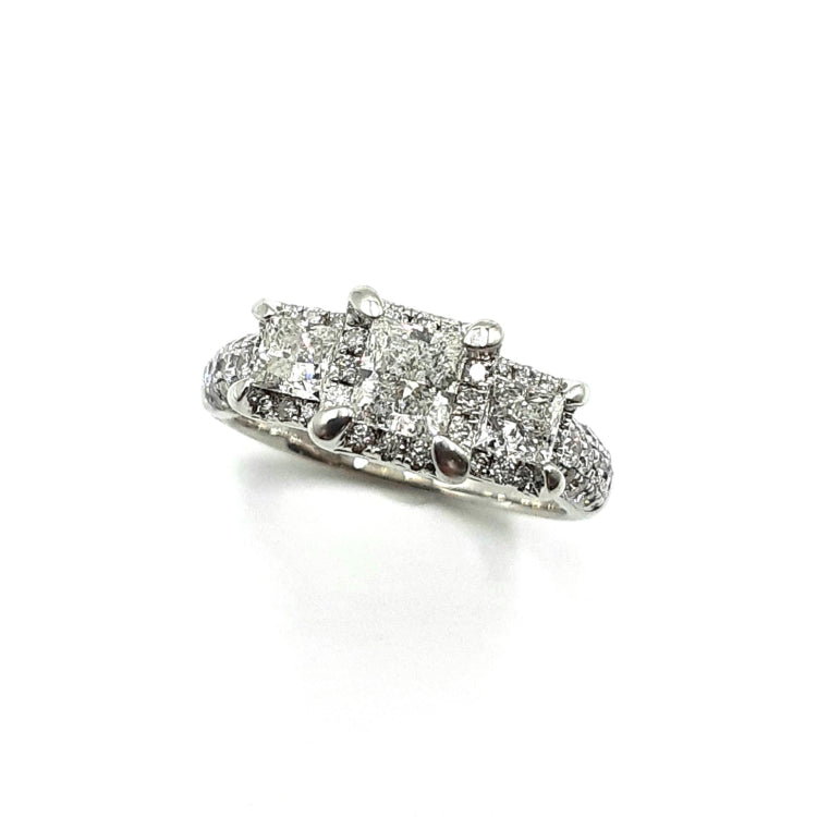 APPRAISED $3000 - 14kt White Gold Band with 1 Princess Cut Diamond Center - T. - .60ct and 2 Princess Diamonds on Each Side of Center - T. - .60ct Surrounded by 53 Round Brilliant Diamonds - T - .62ct in Halo and 3 Rows on Sides 