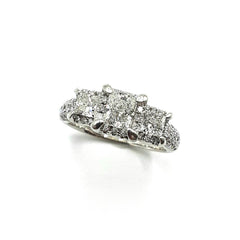 APPRAISED $3000 - 14kt White Gold Band with 1 Princess Cut Diamond Center - T. - .60ct and 2 Princess Diamonds on Each Side of Center - T. - .60ct Surrounded by 53 Round Brilliant Diamonds - T - .62ct in Halo and 3 Rows on Sides 
