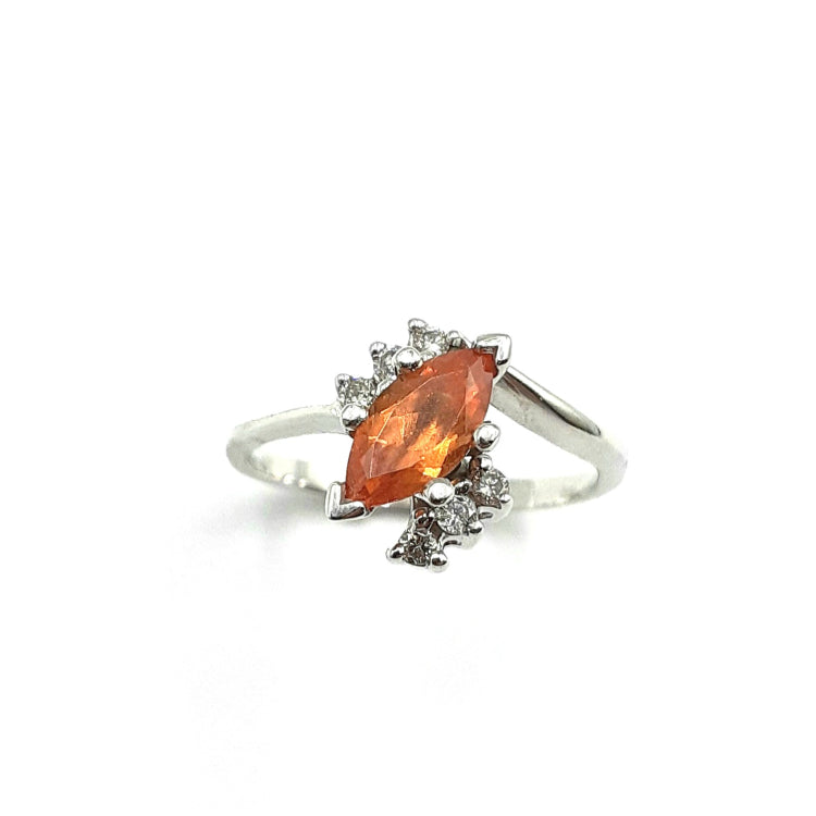 APPRAISED $800 - 14kt White Gold Band with 1 Marquise Spessartite Garnet Center (9x4.5mm) with 6 Round Brilliant Diamonds on sides - T. - .12ct 