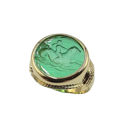 APPRAISED $800- 14Kt Yellow Gold Ring with One Round Green Intaglio Imitation Gem