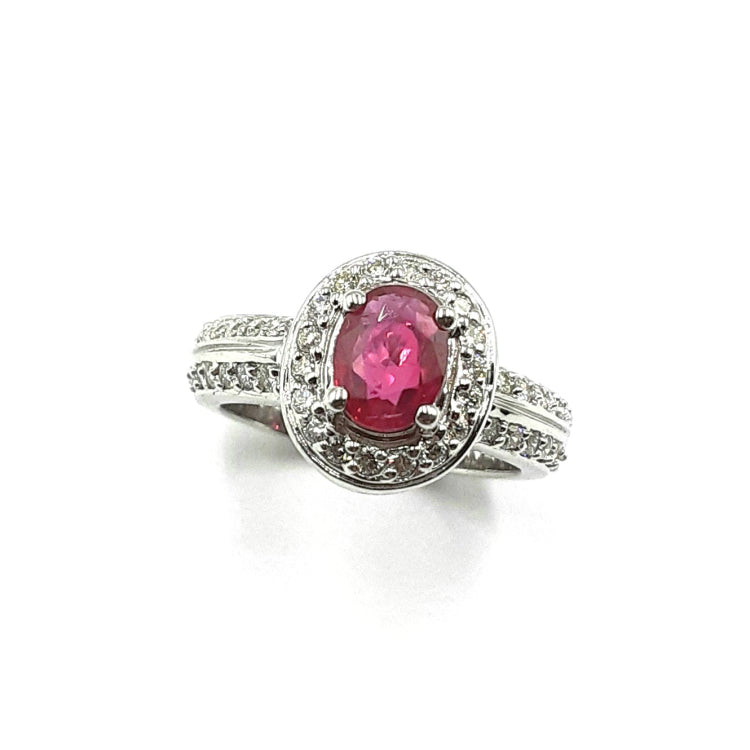 APPRAISED $3400- 14Kt White Gold Ring with One Oval Ruby Surrounded by Forty-Six Round Brilliant Diamonds in a Halo and in Double Rows Down the Sides