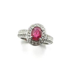 APPRAISED $3400- 14Kt White Gold Ring with One Oval Ruby Surrounded by Forty-Six Round Brilliant Diamonds in a Halo and in Double Rows Down the Sides