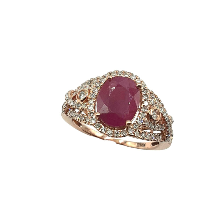 APPRAISED $2700- 14Kt Rose Gold Ring with One Oval Ruby Surrounded by 110 Single Cut and Two Round Brilliant Diamonds