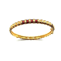 APPRAISED $2800 - 20kt Yellow Gold Hinged Bangle with a Screw Closure and Red Enamel Design 