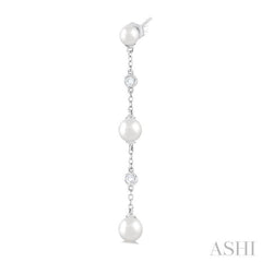 4 MM, 5 MM & 6 MM Round Shape Cultured Pearls and 1/10 Ctw Round Cut Diamond Station Long Earring in 14K White Gold
