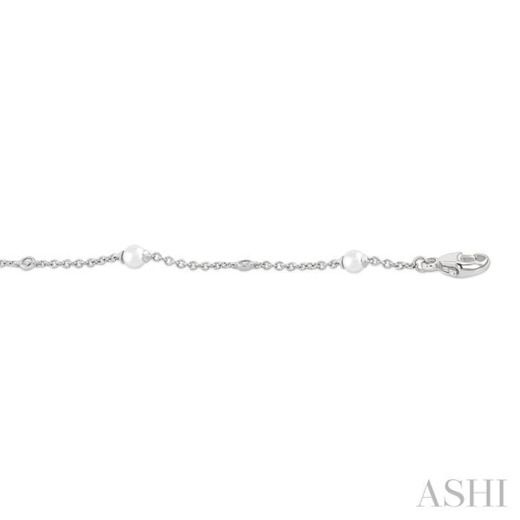 3 MM Round Shape Cultured Pearl and 1/20 Ctw Round Cut Diamond Fashion Station Bracelet in 14K White Gold