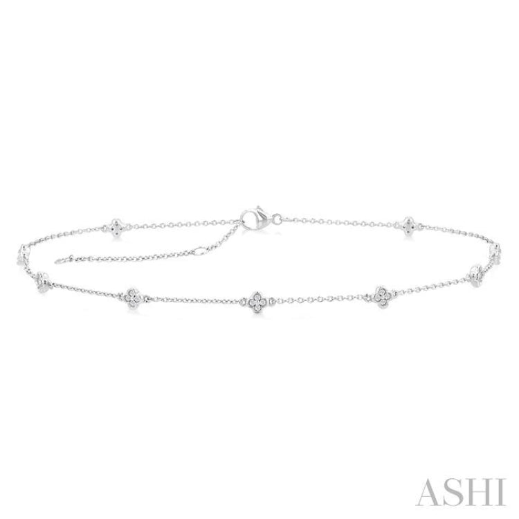 1/6 Ctw Four-Leaf Clover Round Cut Diamond Station Anklet in 10K White Gold