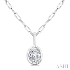 1/5 Ctw Oval Cut Bezel Set Diamond Fashion Pendant With Paperclip Chain in 14K White Gold