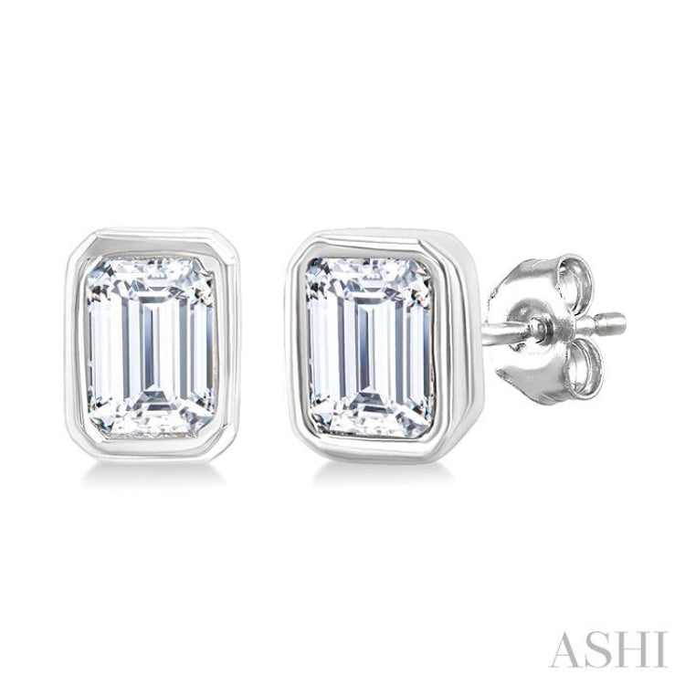 1/5 Ctw Petite Bezel Set Emerald Cut Diamond Fashion Stud Earring in 10K White Gold