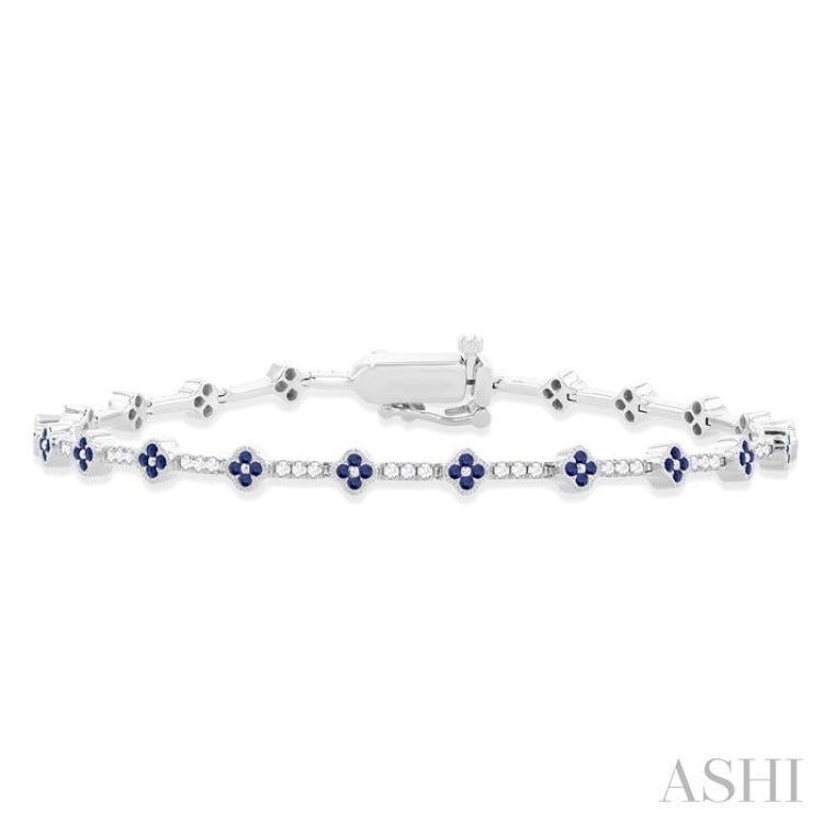 1.00 MM Round Shape Sapphire and 1/2 Ctw Clover Leaf & Bar Link Round Cut Diamond Precious Bracelet in 14K White Gold