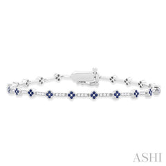 1.00 MM Round Shape Sapphire and 1/2 Ctw Clover Leaf & Bar Link Round Cut Diamond Precious Bracelet in 14K White Gold