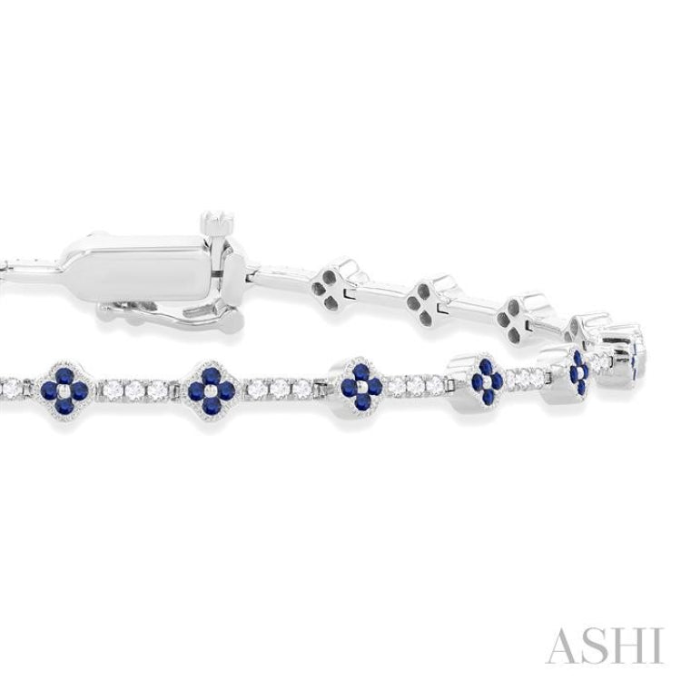 1.00 MM Round Shape Sapphire and 1/2 Ctw Clover Leaf & Bar Link Round Cut Diamond Precious Bracelet in 14K White Gold