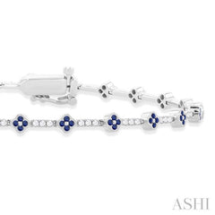 1.00 MM Round Shape Sapphire and 1/2 Ctw Clover Leaf & Bar Link Round Cut Diamond Precious Bracelet in 14K White Gold