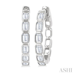 1 1/10 Ctw Bezel Set Emerald Cut Diamond Fashion Hoop Earrings in 14K White Gold