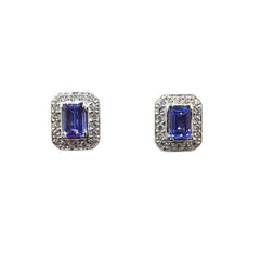 APPRAISED $2400 - 18kt White Gold Earrings with 2 Emerald Cut Tanzanite (6x4mm) and 26 Round Brilliant Diamonds - T. - .36ct