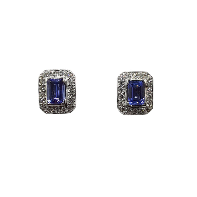 APPRAISED $2400 - 18kt White Gold Earrings with 2 Emerald Cut Tanzanite (6x4mm) and 26 Round Brilliant Diamonds - T. - .36ct 