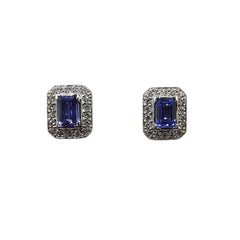 APPRAISED $2400 - 18kt White Gold Earrings with 2 Emerald Cut Tanzanite (6x4mm) and 26 Round Brilliant Diamonds - T. - .36ct 