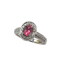 APPRAISED $1400 - 14kt White Gold Ring with 1 Oval-Shaped Pink Tourmaline Surrounded by 26 Round Brilliant Diamonds - T. - .30ct in a Halo with Milgrain and Carved Sides