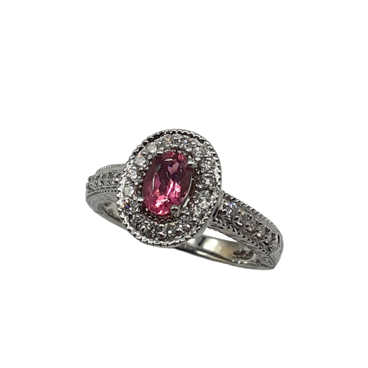 APPRAISED $1400 - 14kt White Gold Ring with 1 Oval-Shaped Pink Tourmaline Surrounded by 26 Round Brilliant Diamonds - T. - .30ct in a Halo with Milgrain and Carved Sides 