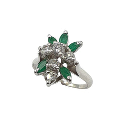 APPRAISED $1400 - 14kt White Gold Ring with 5 Marquise Emeralds (4.5x2.3mm) and 5 Round Brilliant Diamonds - T. - .57ct 