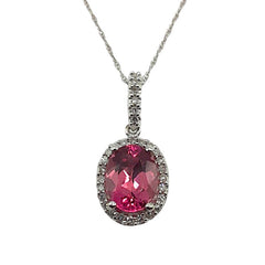 APPRAISED $900 - 14kt White Gold Pendant with 1 Oval-Shaped Pink Tourmaline (8x6mm) and 30 Single Cut Diamonds - T. - .12ct in a Halo Design
