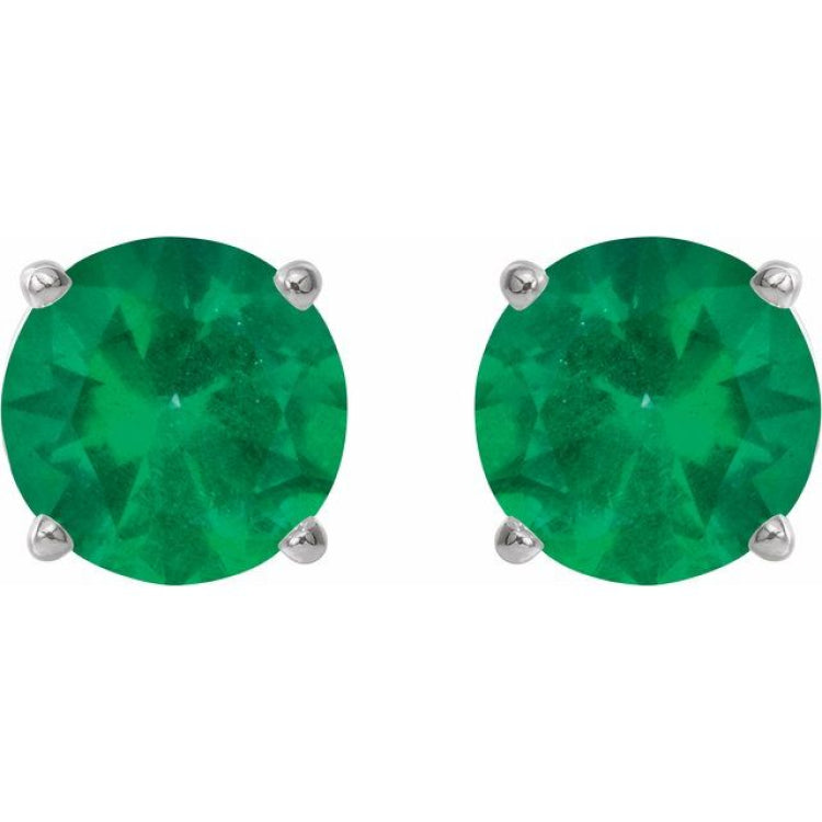 14K White Gold 7 mm Lab-Grown Emerald Earrings