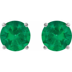 14K White Gold 8 mm Lab-Grown Emerald Earrings
