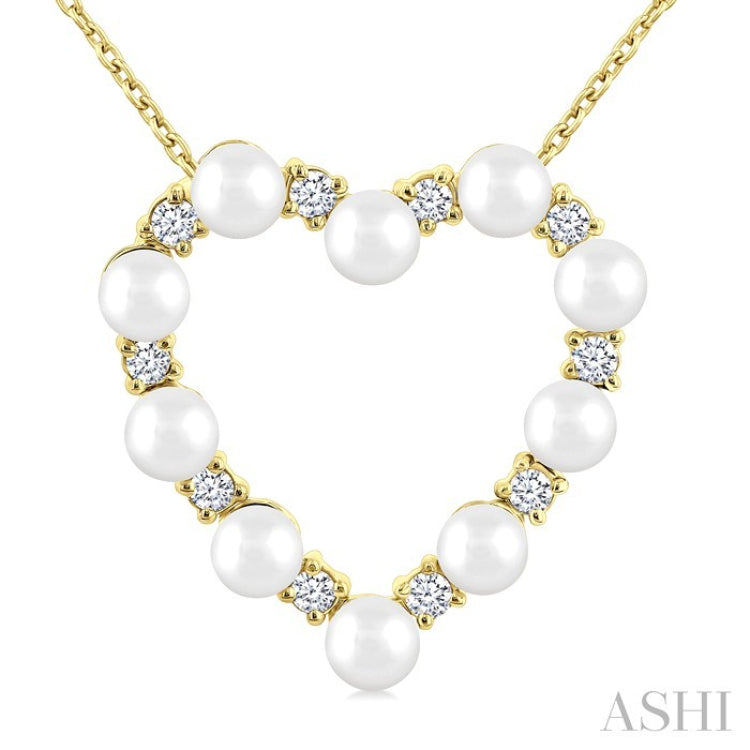 3 MM Round Shape Cultured Pearl and 1/5 Ctw Heart Shape Round Cut Diamond Pendant With Chain in 14K Yellow Gold