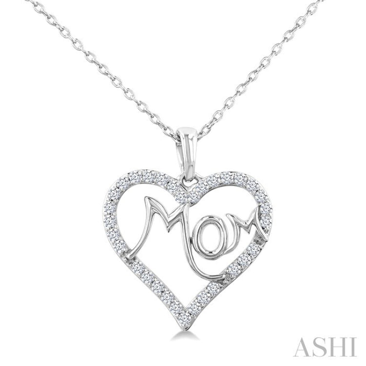 1/4 Ctw 'MOM' Heart Frame Round Cut Diamond Fashion Pendant With Chain in 10K White Gold