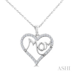 1/4 Ctw 'MOM' Heart Frame Round Cut Diamond Fashion Pendant With Chain in 10K White Gold
