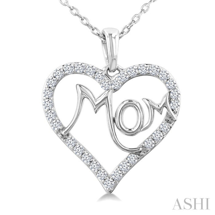 1/4 Ctw 'MOM' Heart Frame Round Cut Diamond Fashion Pendant With Chain in 10K White Gold