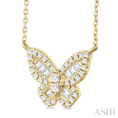 1/3 Ctw Petite Butterfly Baguette and Round Cut Diamond Fashion Pendant With Chain in 14K Yellow Gold