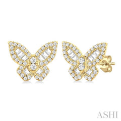 1/2 Ctw Butterfly Petite Baguette and Round Cut Diamond Butterfly Petite Fashion Stud Earrings in 14K Yellow Gold